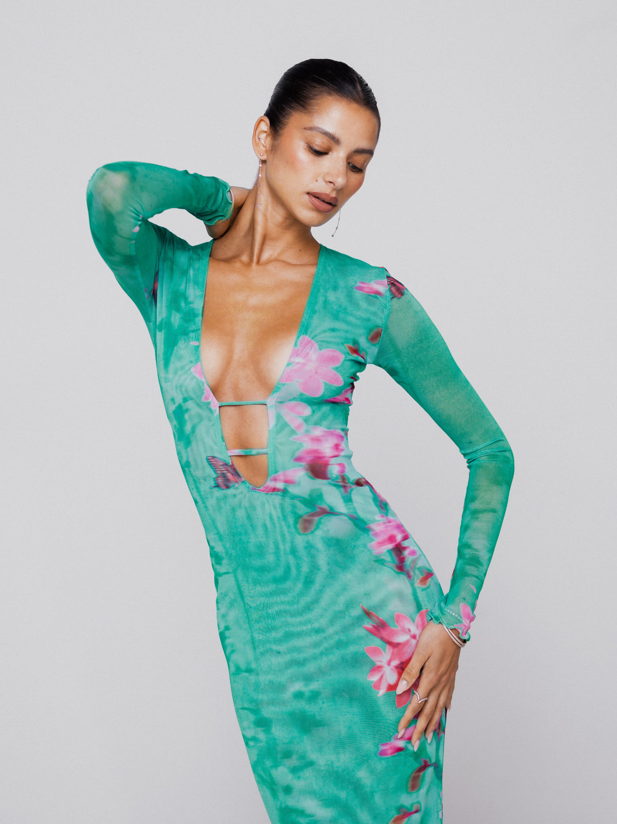 This is an image of Esme Dress in Clearwater - RESA featuring a model wearing the dress