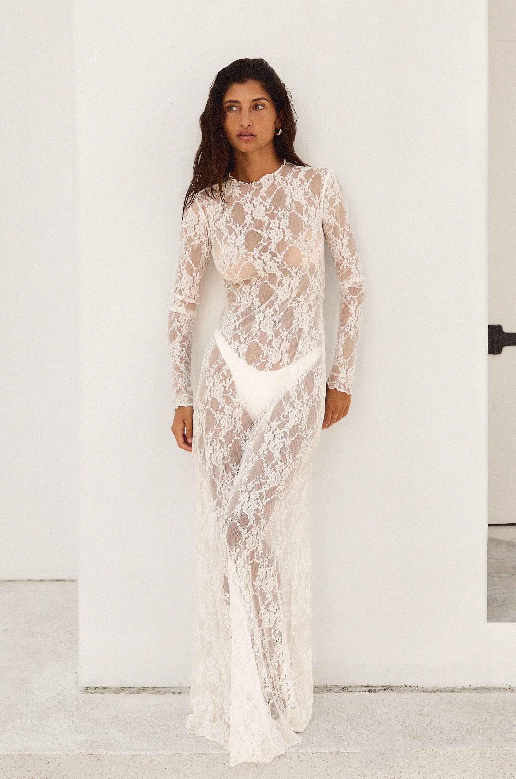 This is an image of Lyon Lace Dress in White Lace - RESA featuring a model wearing the dress