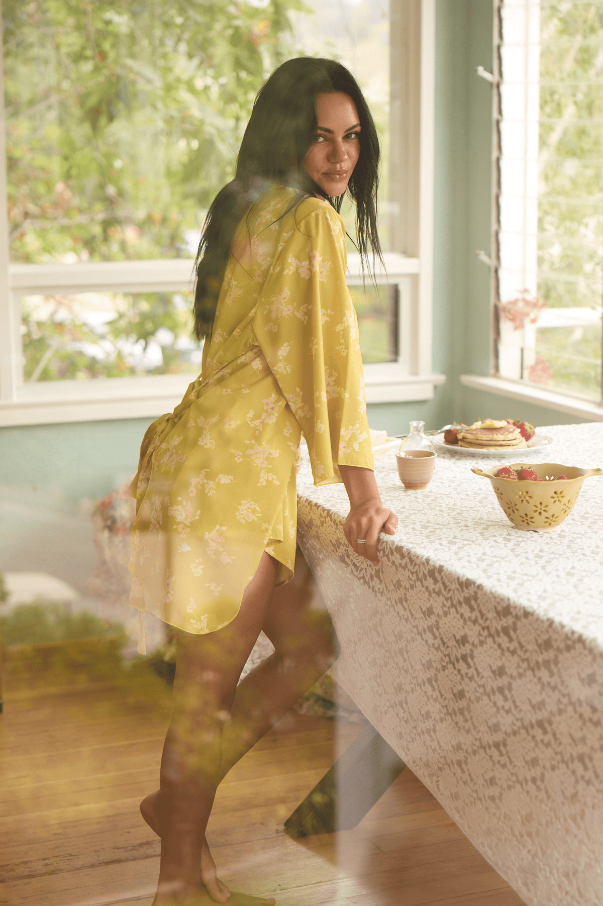 This is an image of Pamela Robe in Citrus - RESA featuring a model wearing the dress