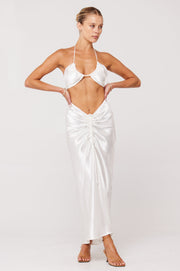 This is an image of Bowie Top in Pearl - RESA featuring a model wearing the dress