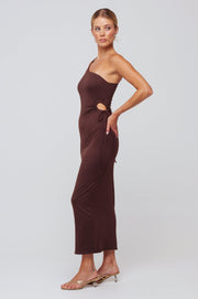 This is an image of Caley Dress in Chocolate - RESA featuring a model wearing the dress