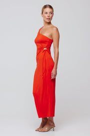 This is an image of Caley Dress in Red - RESA featuring a model wearing the dress