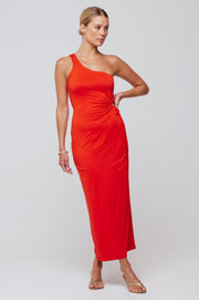 This is an image of Caley Dress in Red - RESA featuring a model wearing the dress
