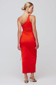 This is an image of Caley Dress in Red - RESA featuring a model wearing the dress