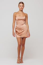 This is an image of Cindy Mini in Copper - RESA featuring a model wearing the dress