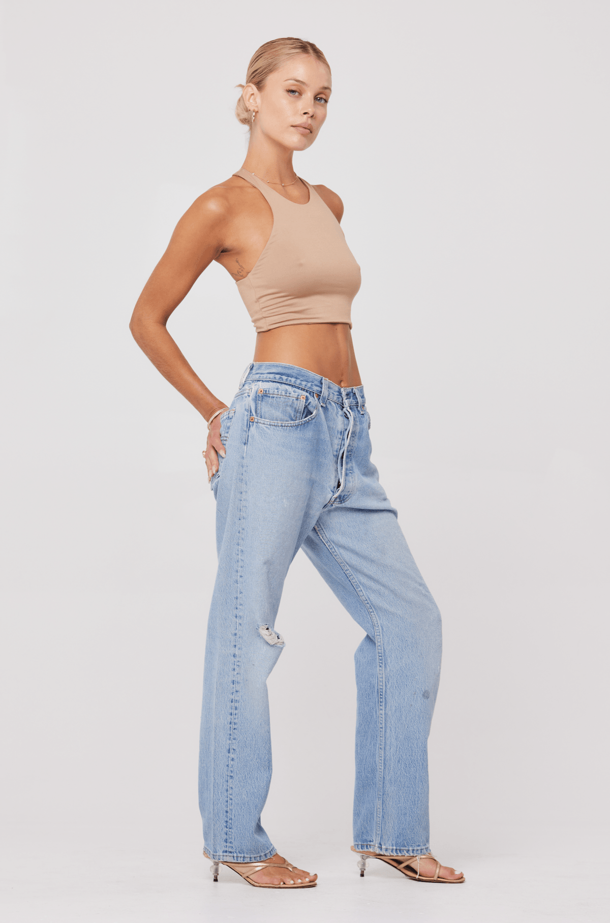 This is an image of Gia Tank in Nude - RESA featuring a model wearing the dress