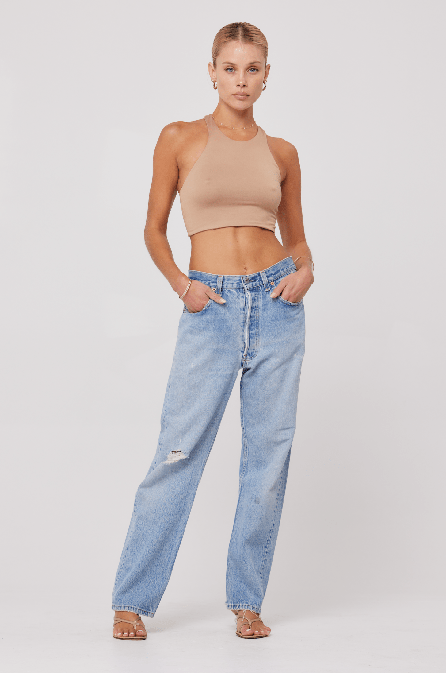 This is an image of Gia Tank in Nude - RESA featuring a model wearing the dress