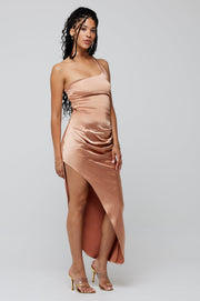 This is an image of Nicole Midi in Copper - RESA featuring a model wearing the dress