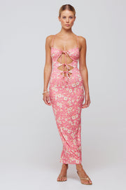 This is an image of Summer Midi in Guava - RESA featuring a model wearing the dress