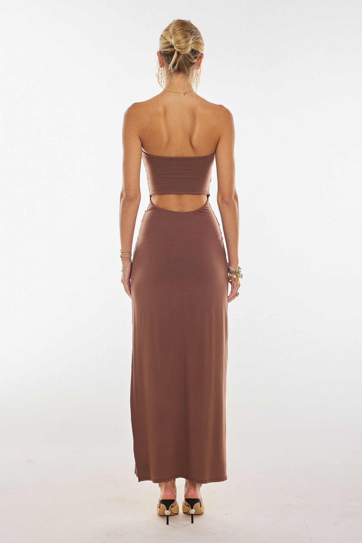 This is an image of Demi Dress in Toffee Knit - RESA featuring a model wearing the dress