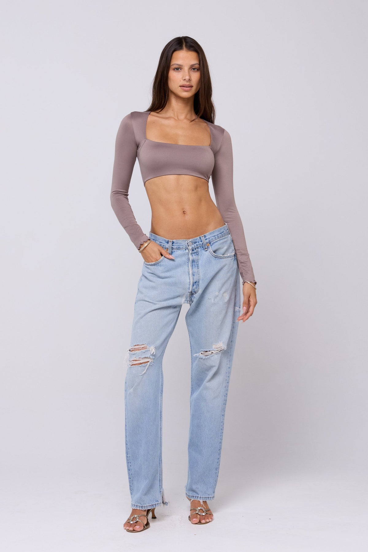 This is an image of Emily Knit Top Taupe - RESA featuring a model wearing the dress