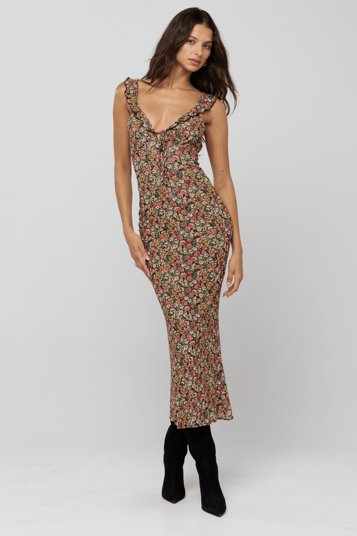 This is an image of Goldie Dress in Fig - RESA featuring a model wearing the dress
