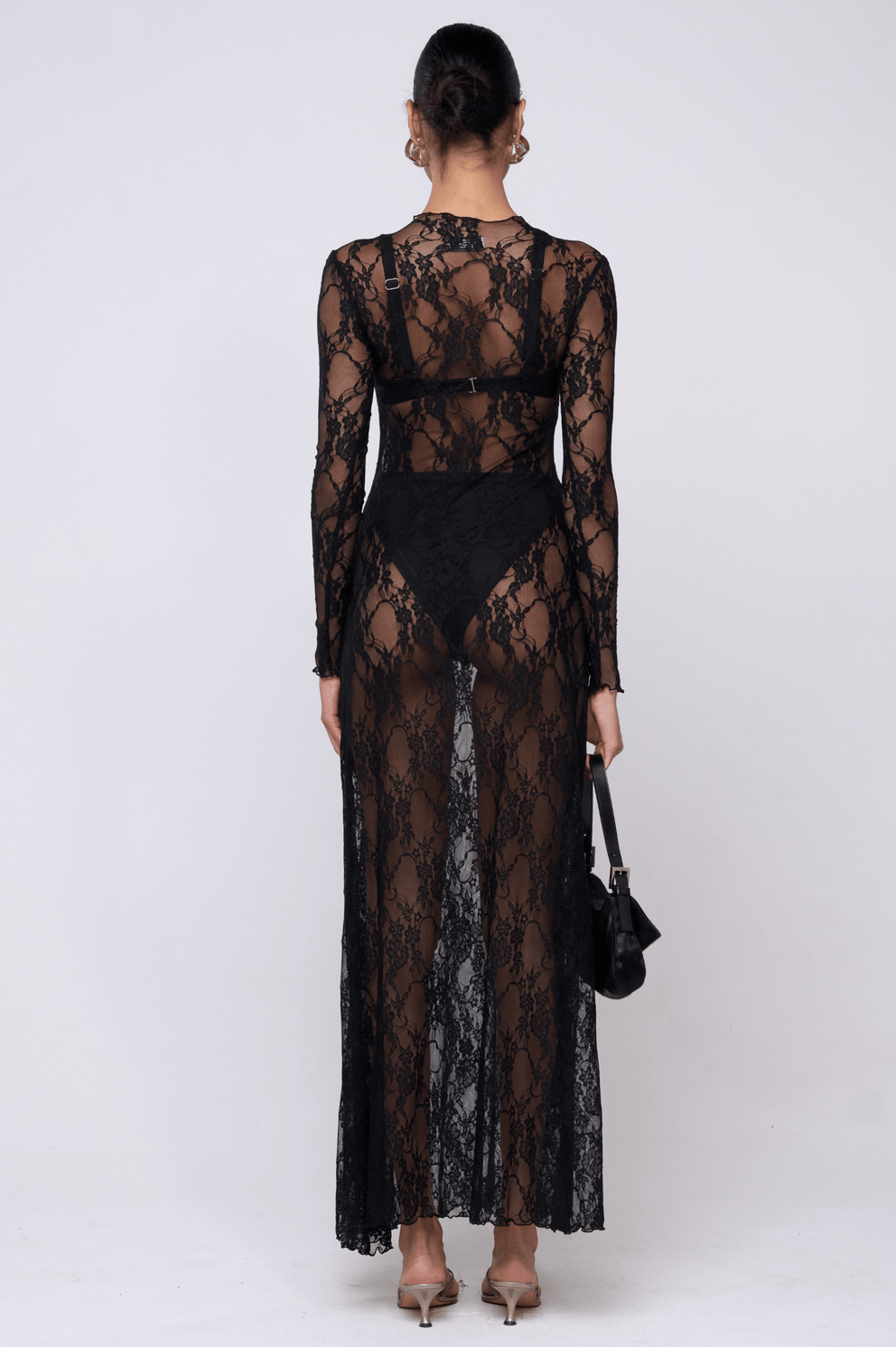 black maxi lace dress with sleeves Black Lace Ruffle Maxi Dress – self-portrait-US main image 0