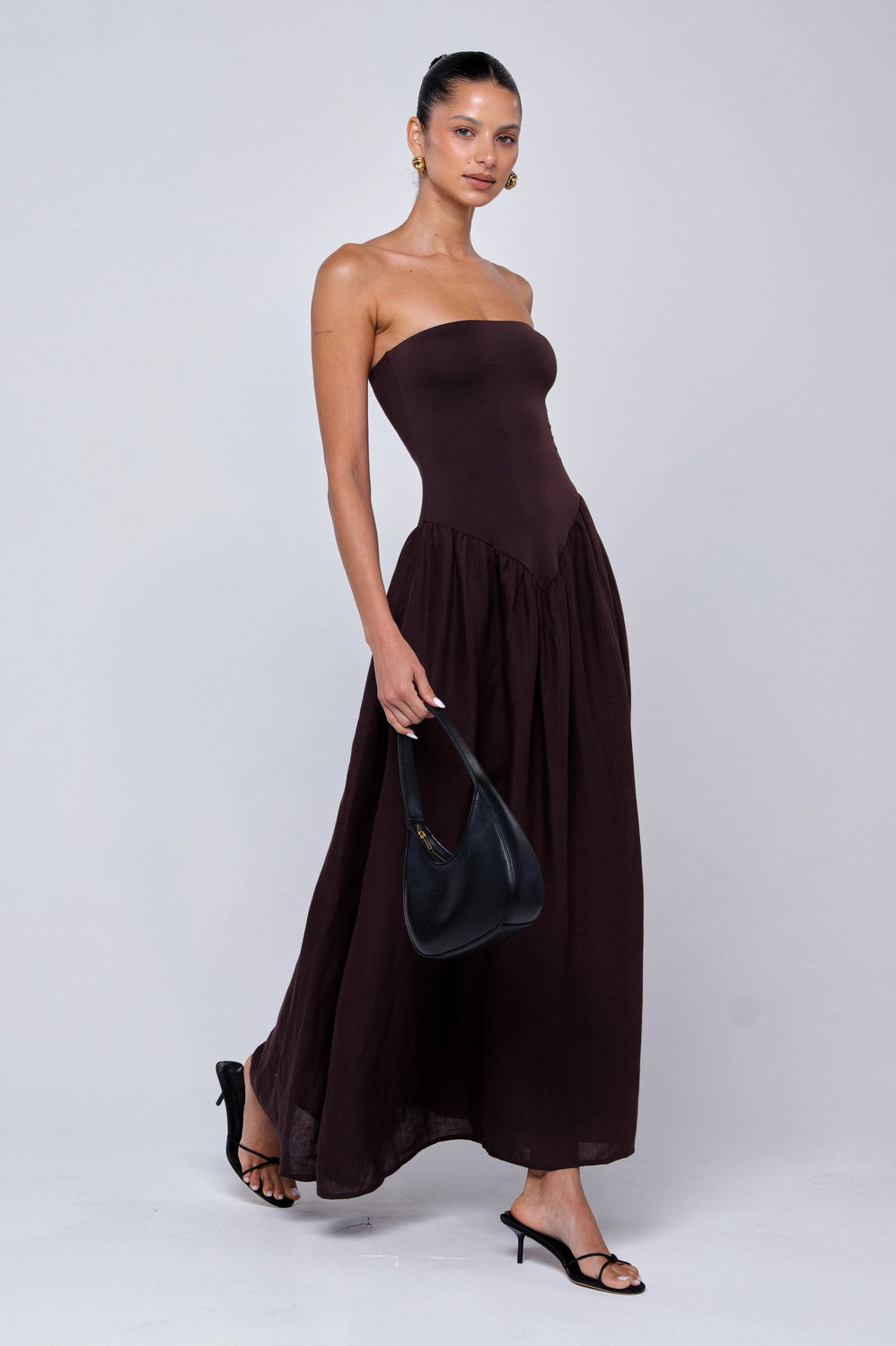 chocolate linen dress Mackenzie in Brown XL / Brown Linen GL-02.05.25 Color:Dark Green and Gold The beaded side detailing Sexy Sparkly One-shoulder Thigh-high