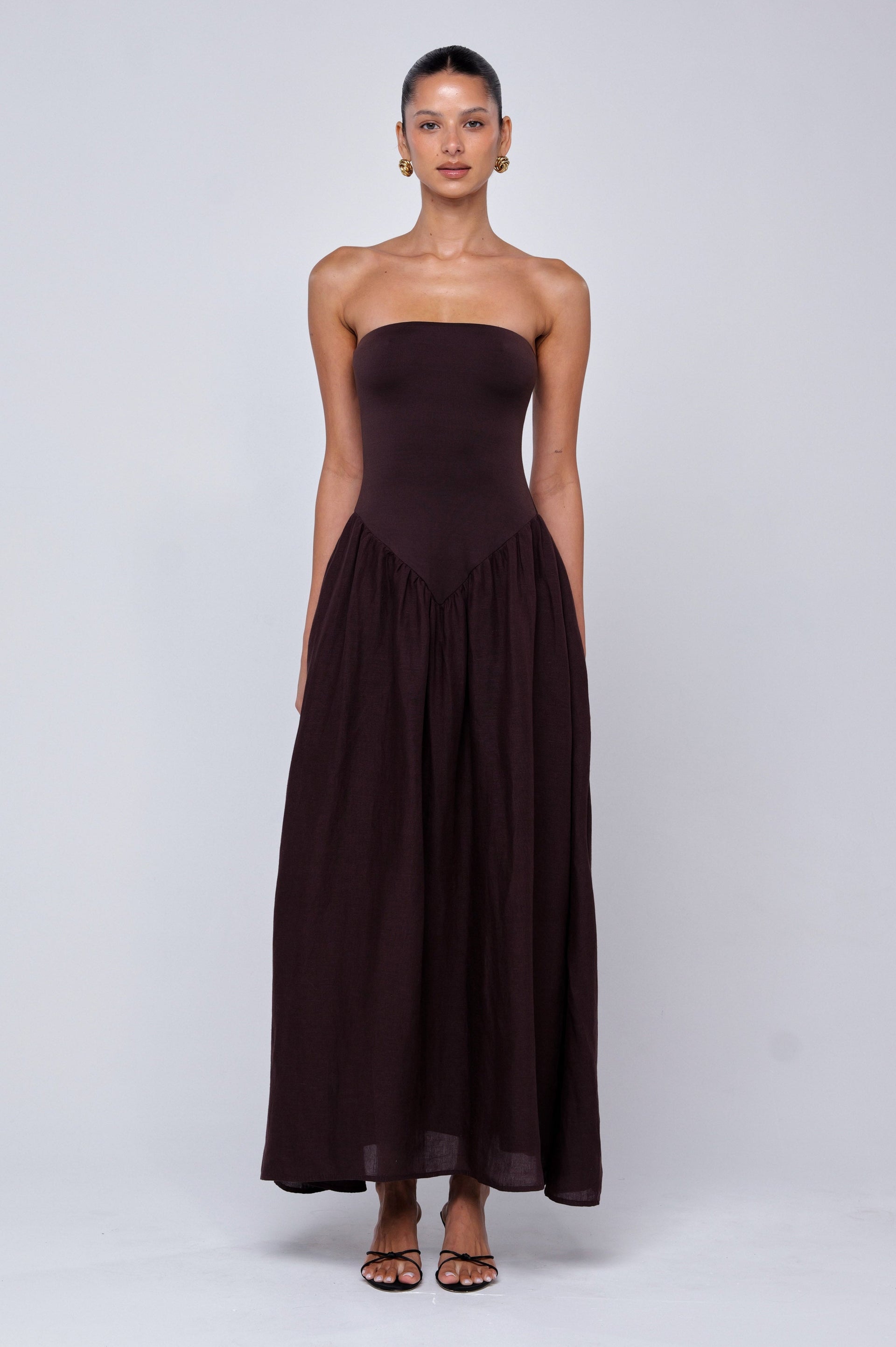 dark brown linen dress Balcony Moment Brown Linen Midi Dress | Trendy Women's Dress main image 1