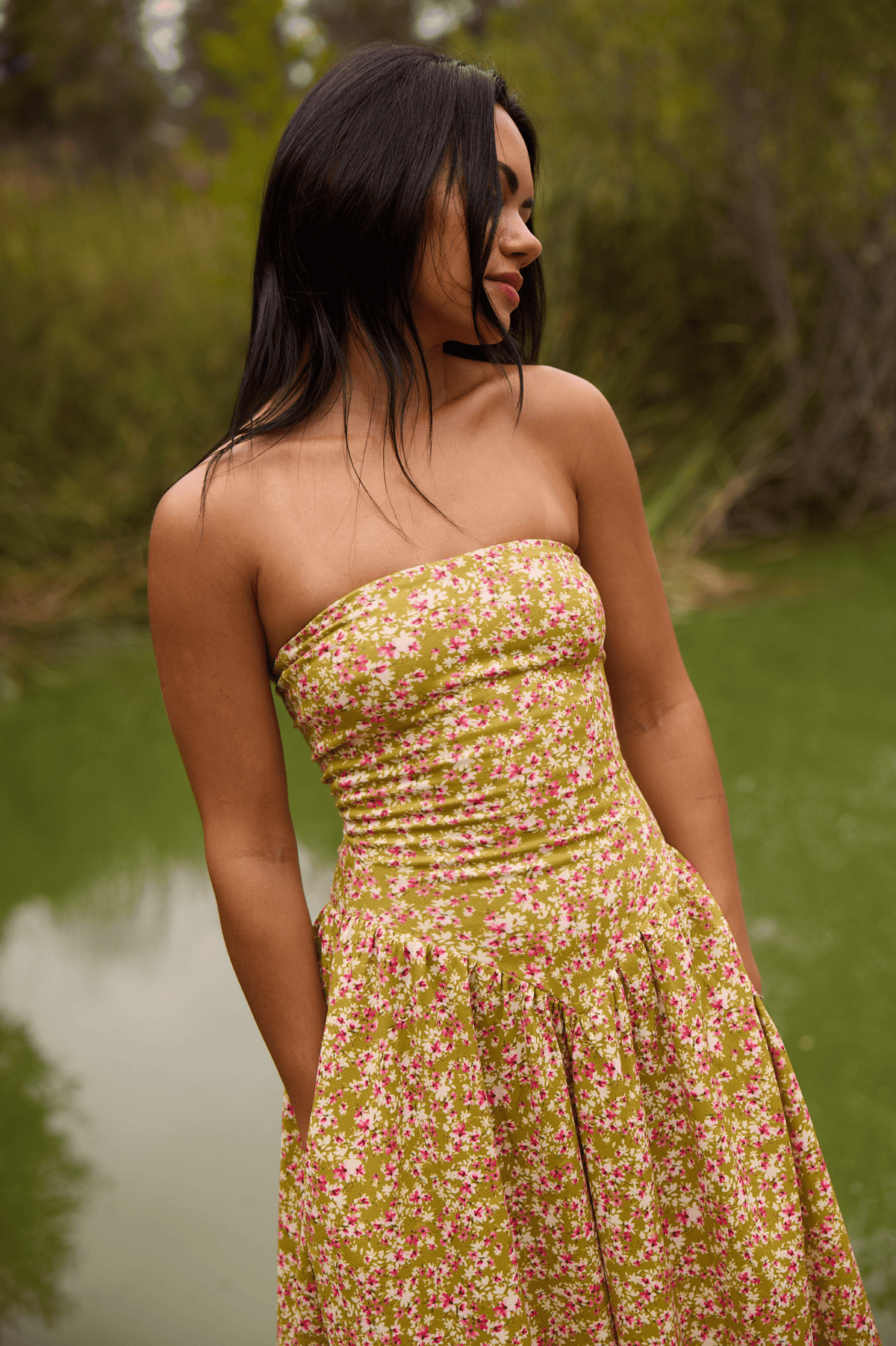 This is an image of Mackenzie Dress in Matcha - RESA featuring a model wearing the dress