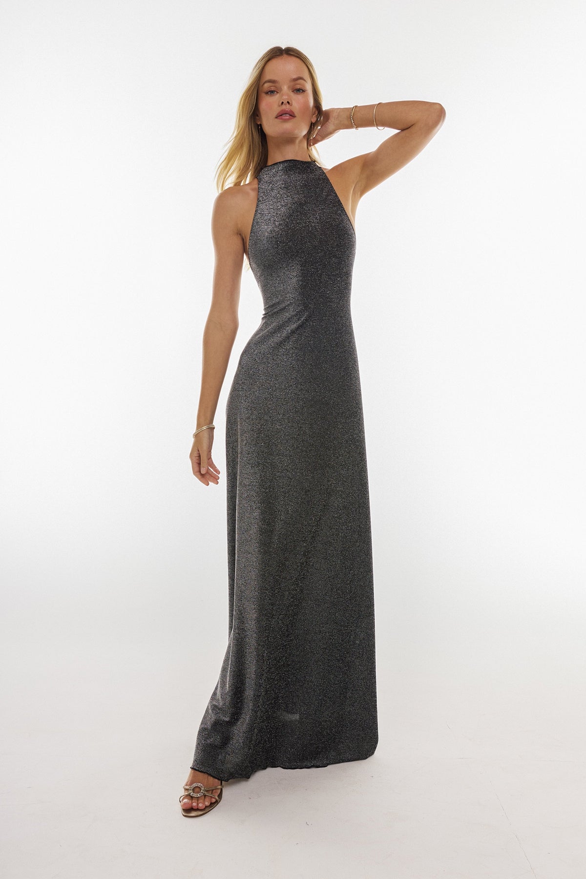 This is an image of Maxine Maxi in Graphite - RESA featuring a model wearing the dress