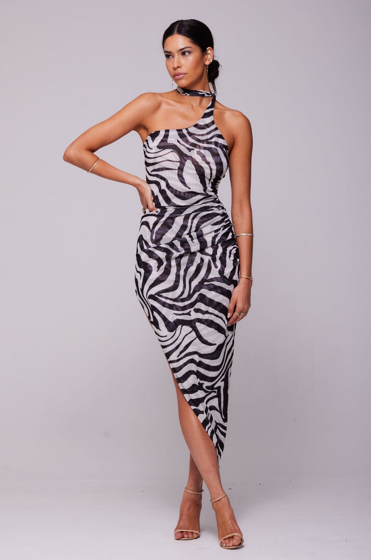 This is an image of NICOLE MESH MIDI IN TIGRIS - SAMPLE SALE - RESA featuring a model wearing the dress