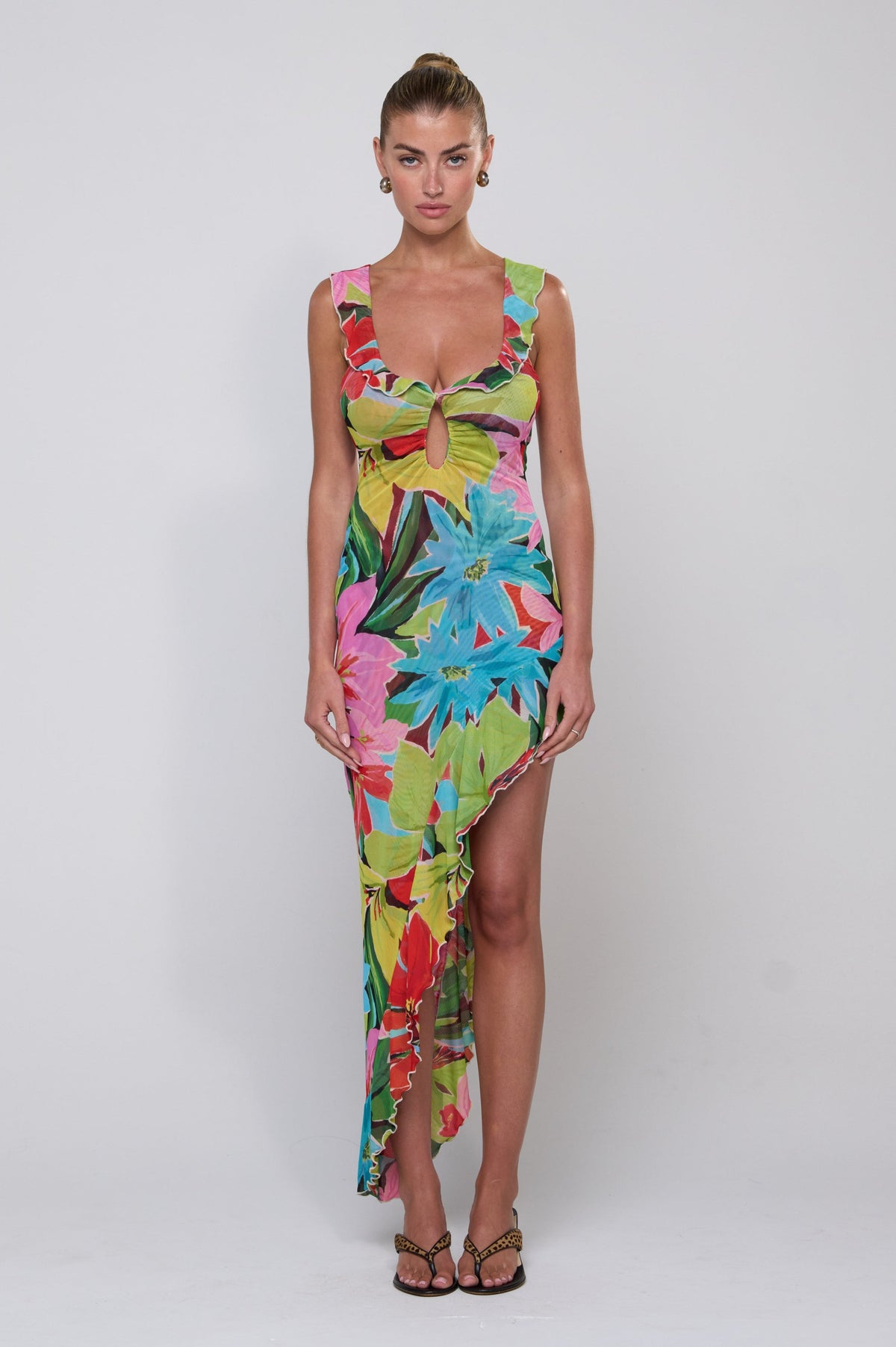 This is an image of Rhonda Dress in Tropicana - RESA featuring a model wearing the dress