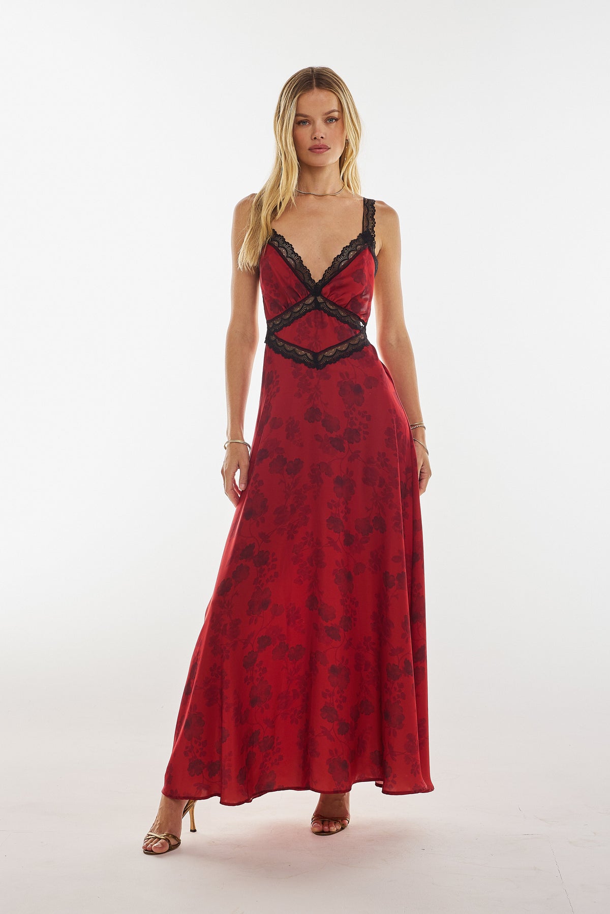 This is an image of Selena Dress in Red Currant - RESA featuring a model wearing the dress