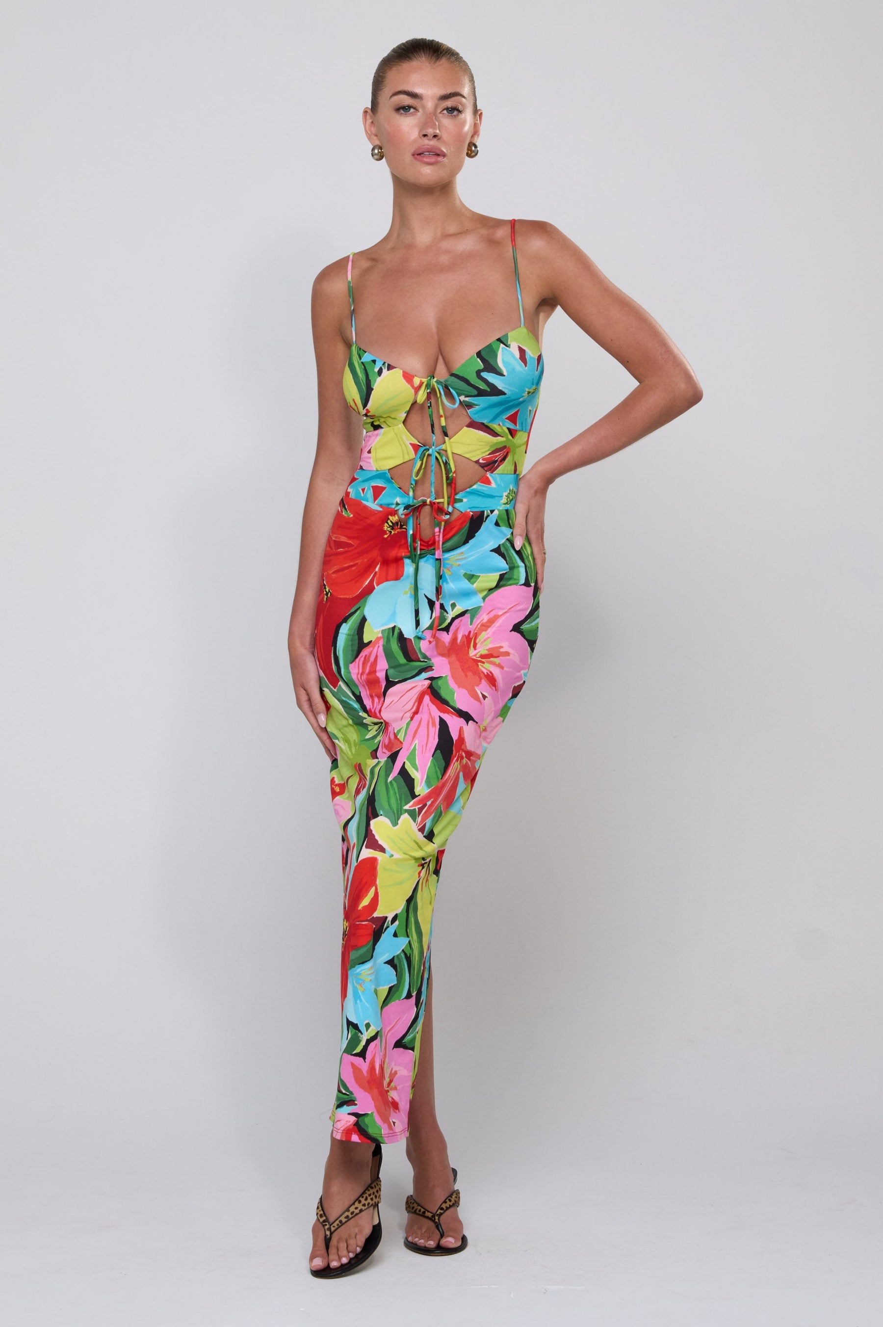 This is an image of Summer Midi in Tropicana - RESA featuring a model wearing the dress