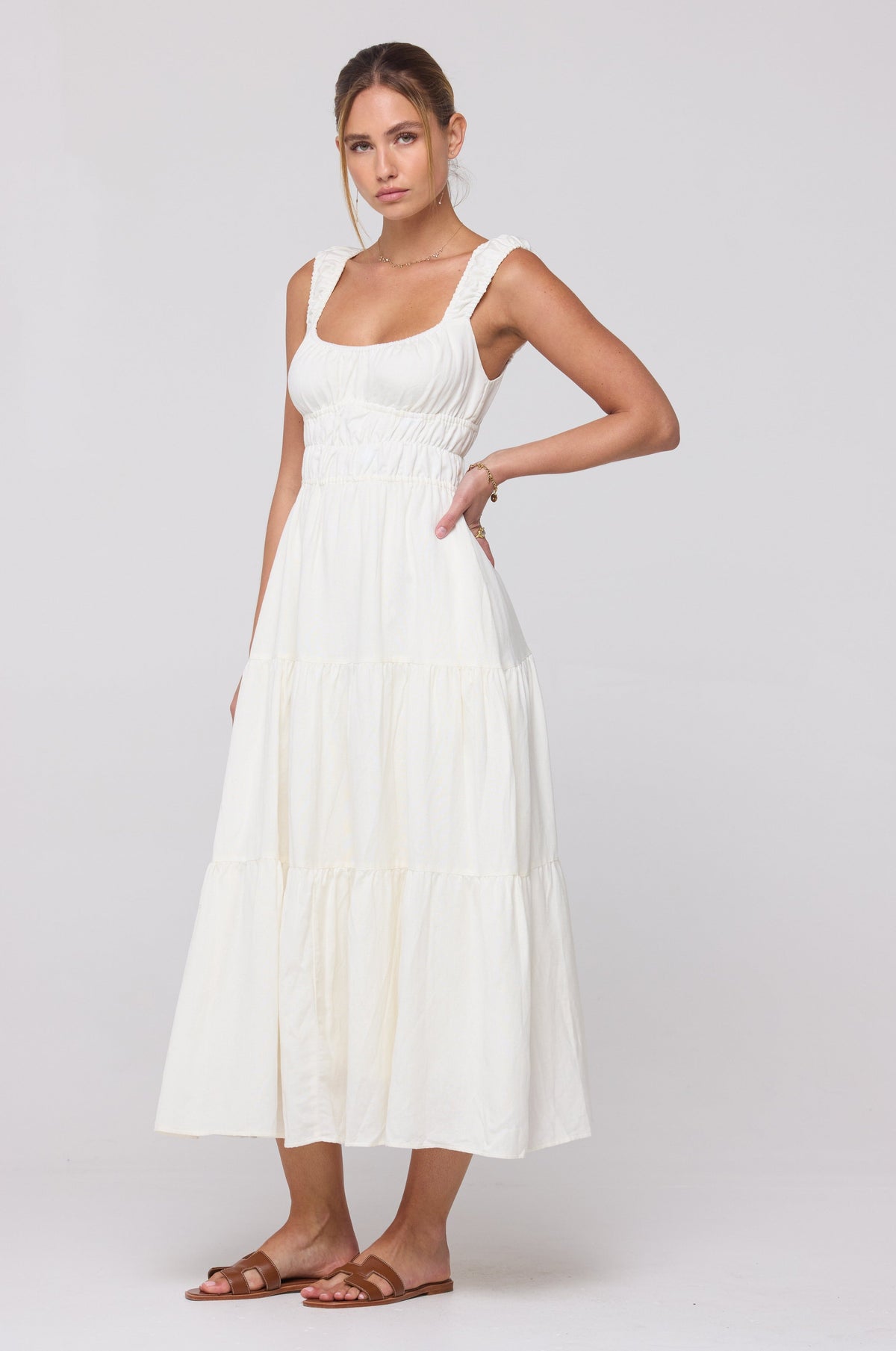 This is an image of Tori Dress in White Linen - RESA featuring a model wearing the dress