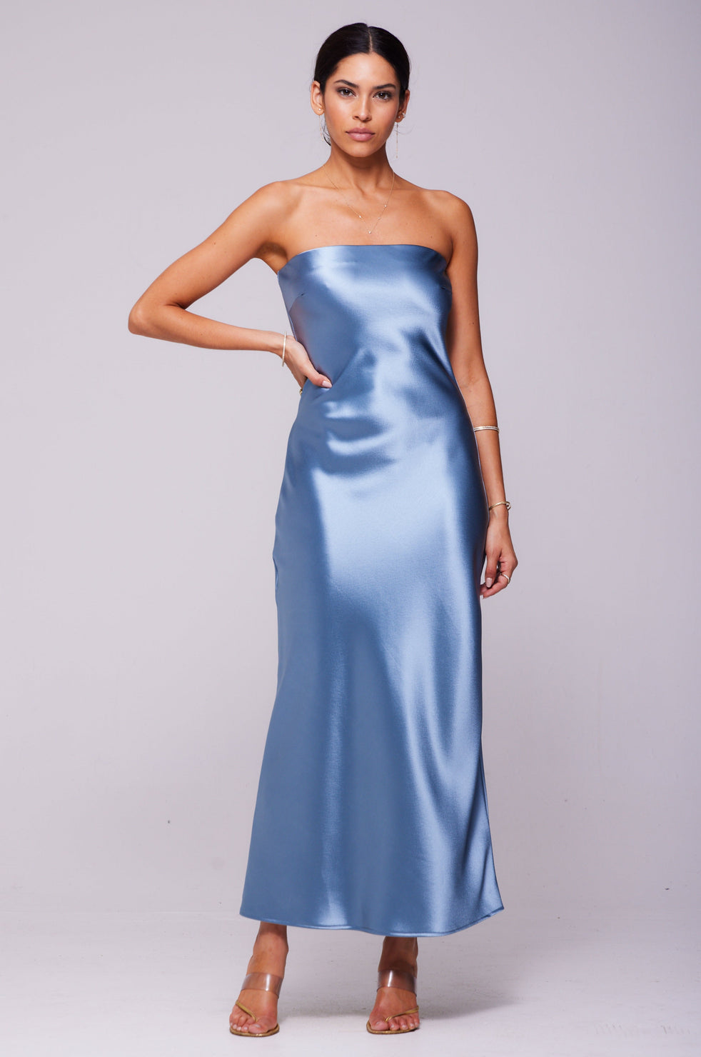 Satin Strapless Slip Dress in Light Blue