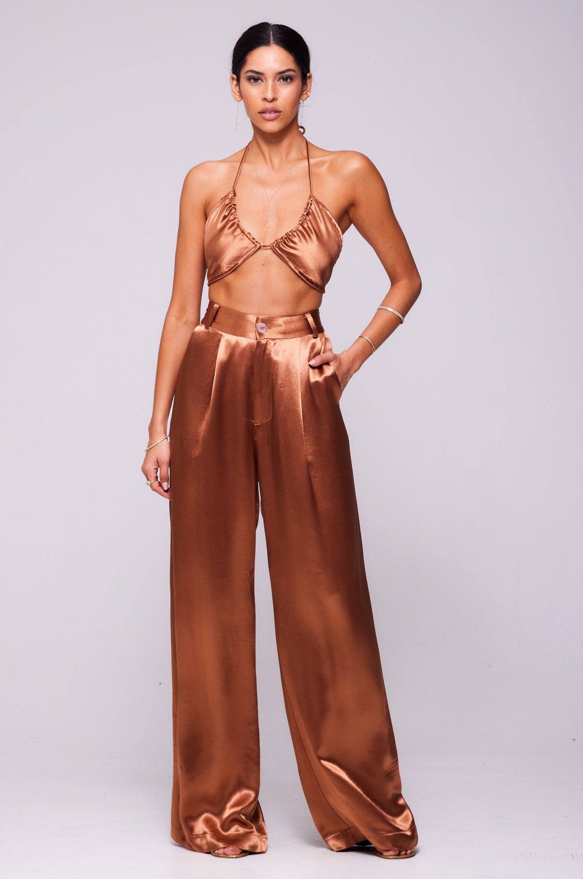 This is an image of Bowie Top in Copper - RESA featuring a model wearing the dress