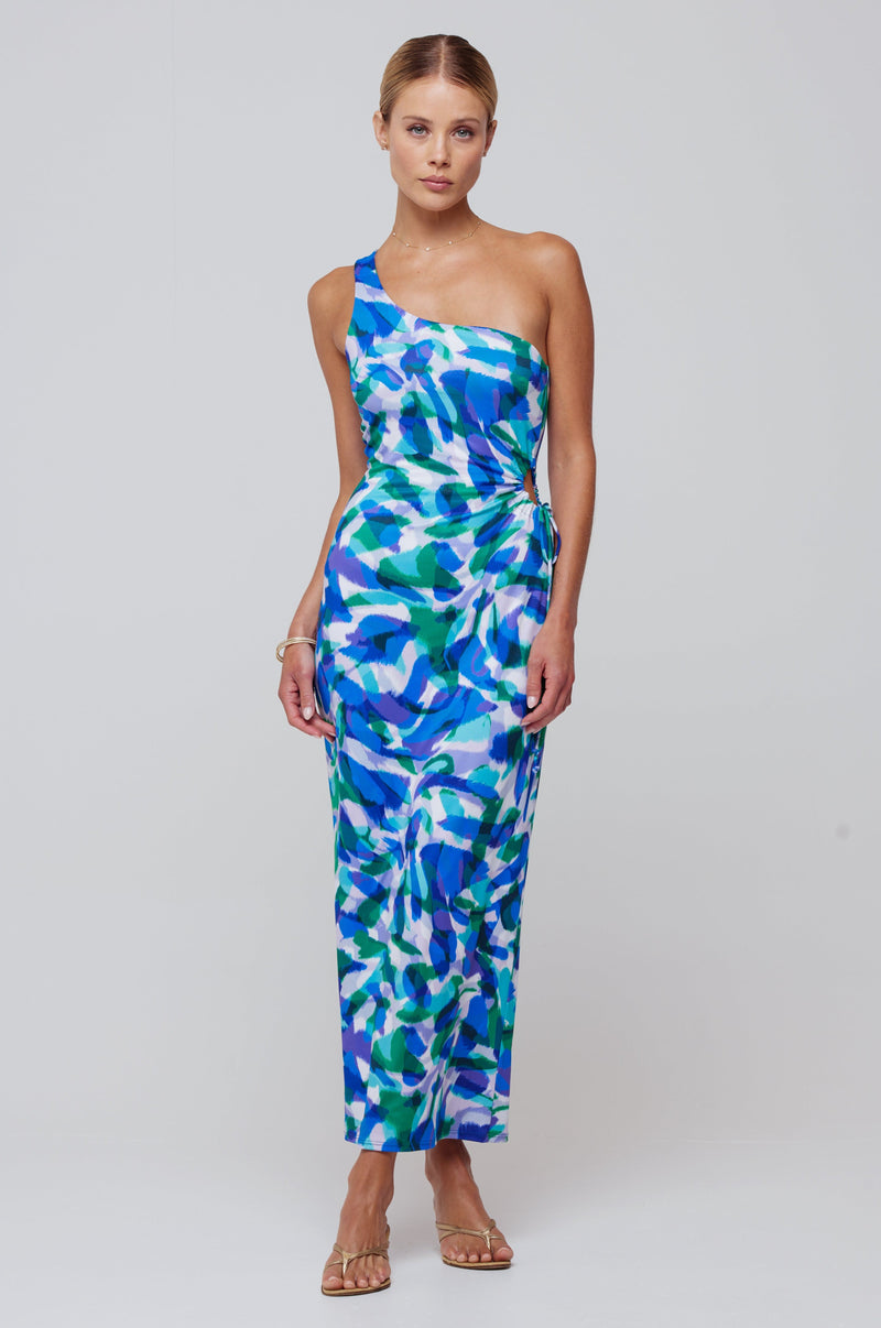 This is an image of Caley Dress in Aqua - RESA featuring a model wearing the dress
