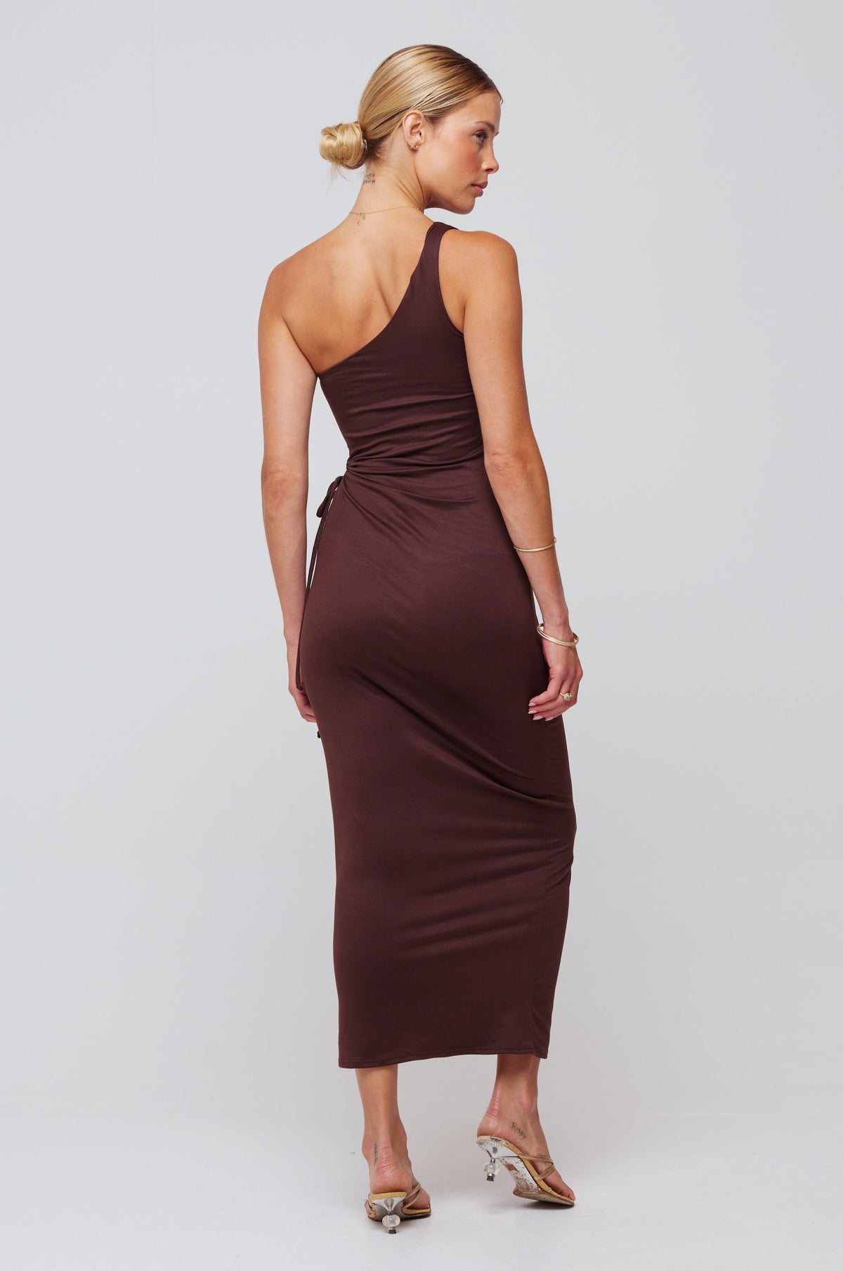 This is an image of Caley Dress in Chocolate - RESA featuring a model wearing the dress