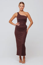 This is an image of Caley Dress in Chocolate - RESA featuring a model wearing the dress