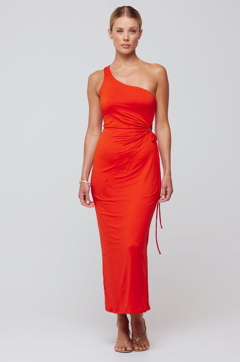 This is an image of Caley Dress in Red - RESA featuring a model wearing the dress
