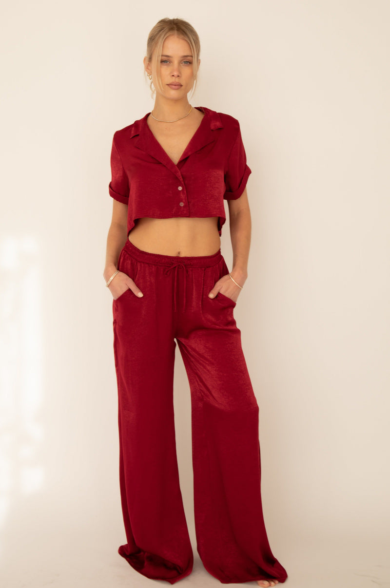 This is an image of Jagger Set in Burgundy - RESA featuring a model wearing the dress