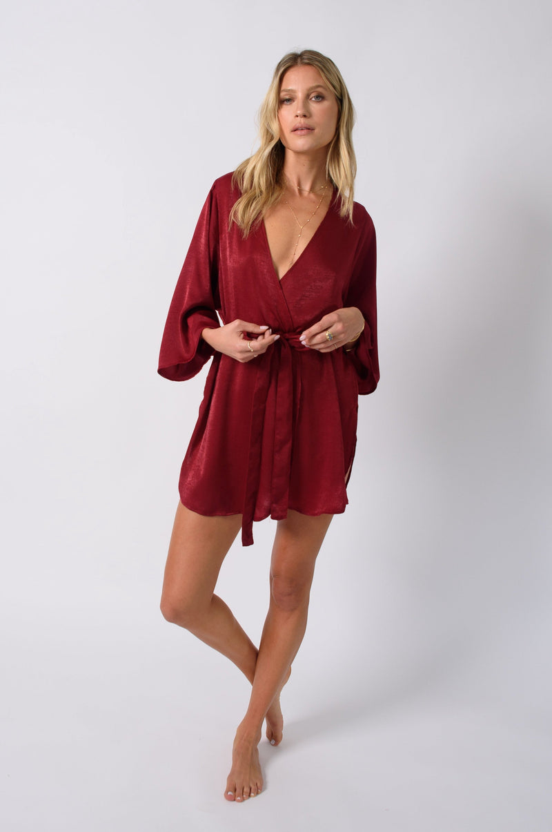 This is an image of Kimono Robe in Burgundy - RESA featuring a model wearing the dress