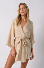 This is an image of Kimono Robe in Stone - RESA featuring a model wearing the dress