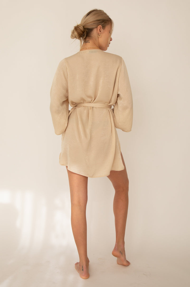 This is an image of Kimono Robe in Stone - RESA featuring a model wearing the dress