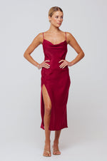 This is an image of Madison Slip in Burgundy - RESA featuring a model wearing the dress