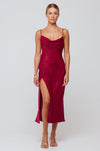 This is an image of Madison Slip in Burgundy - RESA featuring a model wearing the dress