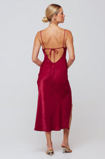 This is an image of Madison Slip in Burgundy - RESA featuring a model wearing the dress