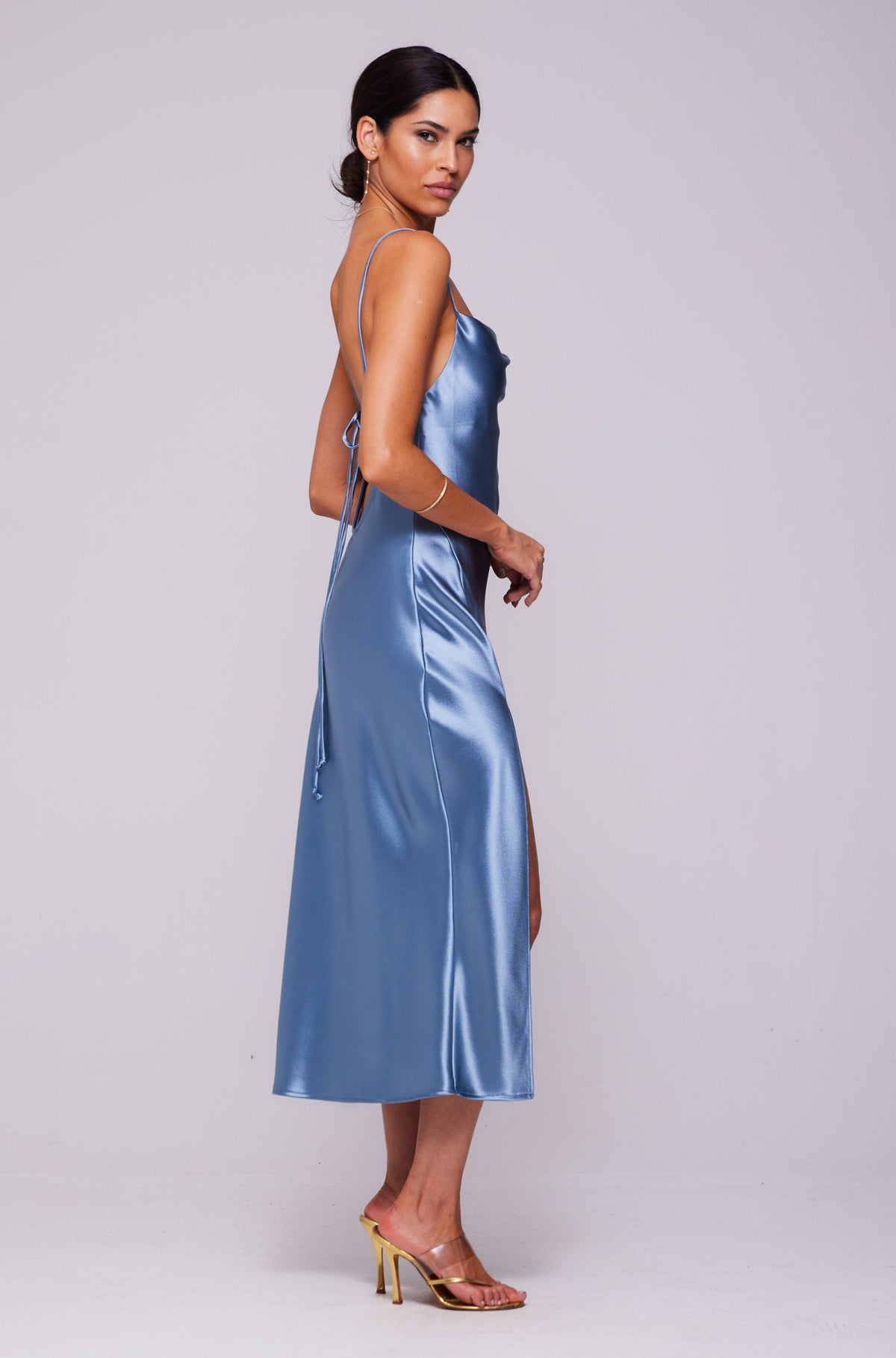 This is an image of Madison Slip in Slate - RESA featuring a model wearing the dress