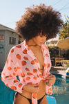 This is an image of Monica Blouse in Montecito - RESA featuring a model wearing the dress