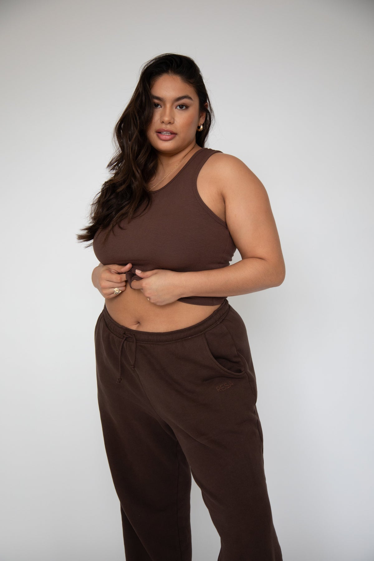 This is an image of OG Tank in Brown - RESA featuring a model wearing the dress