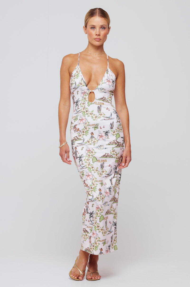 This is an image of Sophia Midi in Oahu - RESA featuring a model wearing the dress